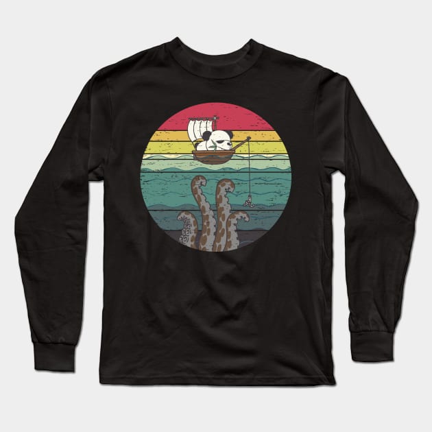 Funny Cute Fishing Panda Retro Sunset Distressed Vintage Rainbow Colors Long Sleeve T-Shirt by ebayson74@gmail.com